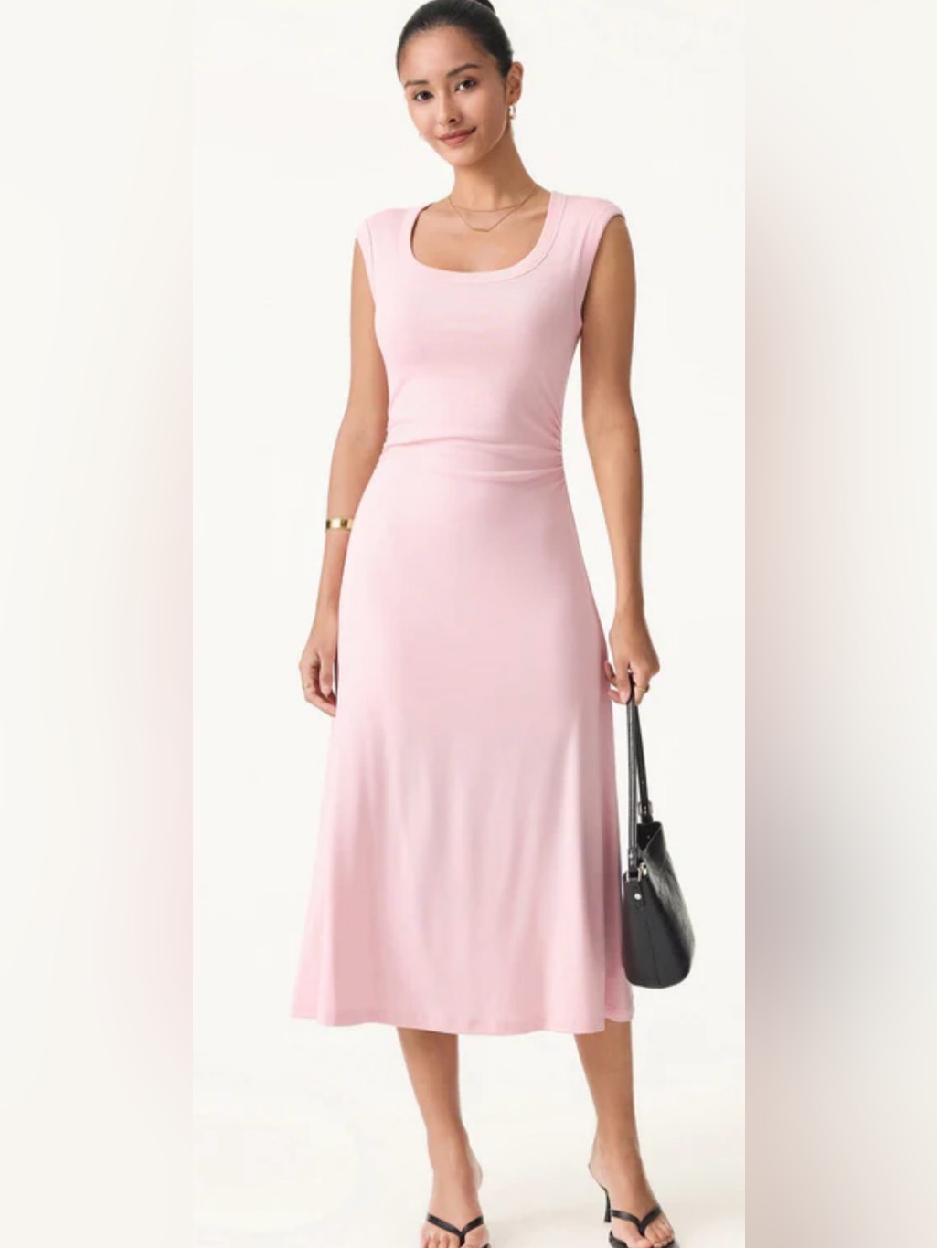 Ogl Scoop Neck Side Ruched Airy Bra Midi Dress Size Medium